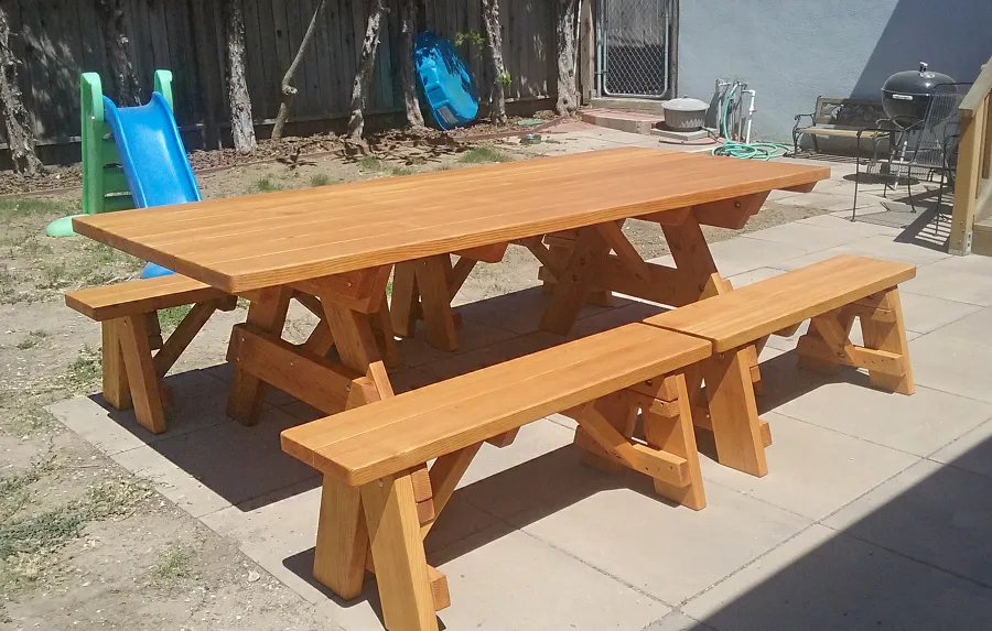 Forever Picnic Tables (Unattached Benches) (Options: 8' L, 40 ¼in W, Side Benches, Douglas-fir, 2 Half Length Side Benches Per Side, Standard Tabletop, Slightly Rounded Corners, No Umbrella Hole, Transparent Premium Sealant). Photo Courtesy of C. Fricke of Harbor City, CA.