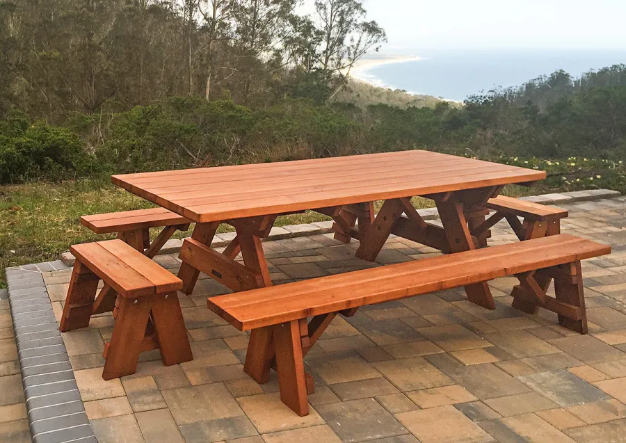 Forever Picnic Tables (Unattached Benches) (Options: 8' L, 40 ¼in W, Side & End Benches, Old-Growth Redwood, 1 Full Length Side Bench Per Side, Standard Tabletop, Squared Corners, No Umbrella Hole, Transparent Premium Sealant). Photo Courtesy of Daniel Sorensen of Half Moon Bay, CA.