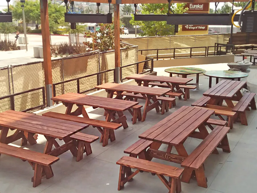 Forever Picnic Tables (Unattached Benches) (Options: 7' L, 28 ¾in W, Side & End Benches [Tables on the left with no end benches], Douglas-fir, 1 Full Length Side Benches Per Side, Standard Tabletop, Slightly Rounded Corners, No Umbrella Hole, Coffee- Stain Premium Sealant). Photo Courtesy of D. Peters of San Diego, CA.