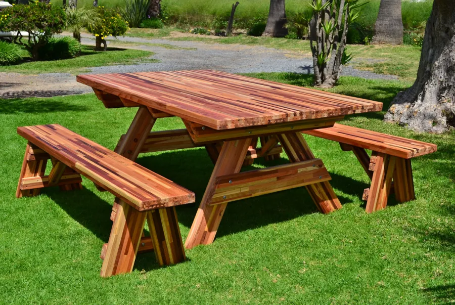 Forever Picnic Tables (Unattached Benches) (Options: 6' L, 46in W, Side Benches, Mosaic Redwood, 1 Full Length Side Benchs Per Side, Seamless Tabletop, Slightly Rounded Corners, No Umbrella Hole, Transparent Premium Sealant).