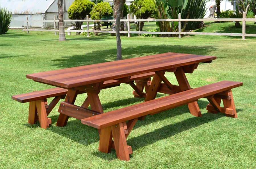 Forever Picnic Tables (Unattached Benches) (Options: 8' L, 34 ½in W, Side Benches, Old-Growth Redwood, 1 Full Length Side Benches Per Side, Standard Tabletop, Slightly Rounded Corners, No Umbrella Hole, Transparent Premium Sealant).