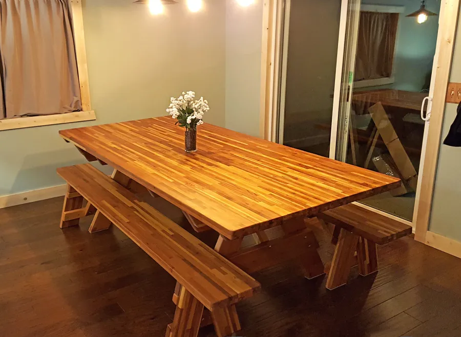 Forever Picnic Tables (Unattached Benches) (Options: 8' L, 46in W, Side Benches, Mosaic Redwood [only Legs of Table in California Redwood], 1 Full Length Side Benches Per Side, Seamless Tabletop, Slightly Rounded Corners, No Umbrella Hole, Transparent Premium Sealant). Photo Courtesy of E. Anderson of Bena, MN.