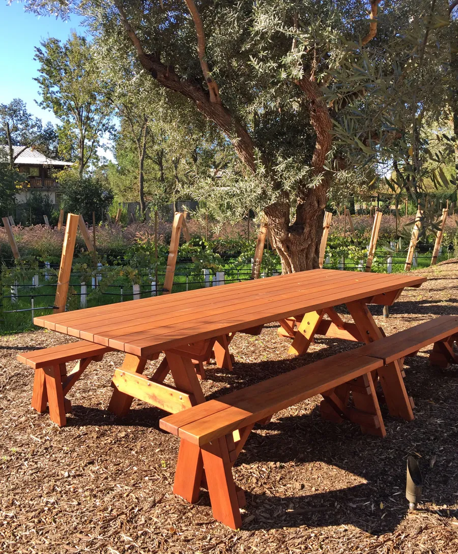 Forever Picnic Tables (Unattached Benches) (Options: 10' L, 46in W, Side Benches, Mature Redwood, 2 Half Length Benches Per Side, Standard Tabletop, Square Corners, 2in Umbrella Hole, Transparent Premium Sealant). Photo Courtesy of H. Williams of Sonoma, CA.