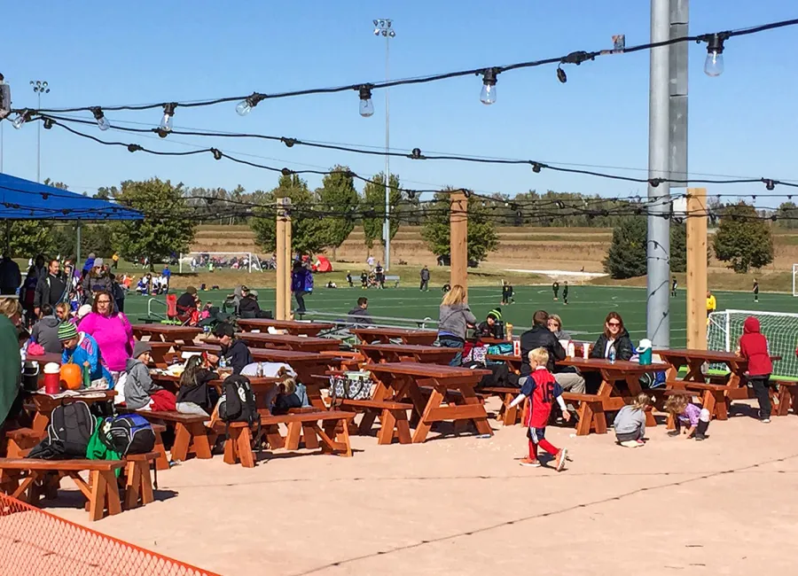 Forever Picnic Tables (Unattached Benches) (Options: 8' and 5' L, 28 ¾in W, Side Benches, Old-Growth Redwood, 1 Full Length Side Bench Per Side, Standard Tabletop, Squared Corners, No Umbrella Hole, Transparent Premium Sealant). Photo Courtesy of Sportport International of Maryland Heights, Missouri.