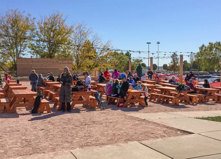 Forever Picnic Tables (Unattached Benches) (Options: 8' and 5' L, 28 ¾in W, Side Benches, Old-Growth Redwood, 1 Full Length Side Bench Per Side, Standard Tabletop, Squared Corners, No Umbrella Hole, Transparent Premium Sealant). Photo Courtesy of Sportport International of Maryland Heights, Missouri.