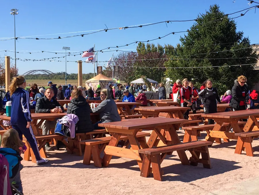 Forever Picnic Tables (Unattached Benches) (Options: 8' and 5' L, 28 ¾in W, Side Benches, Old-Growth Redwood, 1 Full Length Side Bench Per Side, Standard Tabletop, Squared Corners, No Umbrella Hole, Transparent Premium Sealant). Photo Courtesy of Sportport International of Maryland Heights, Missouri.