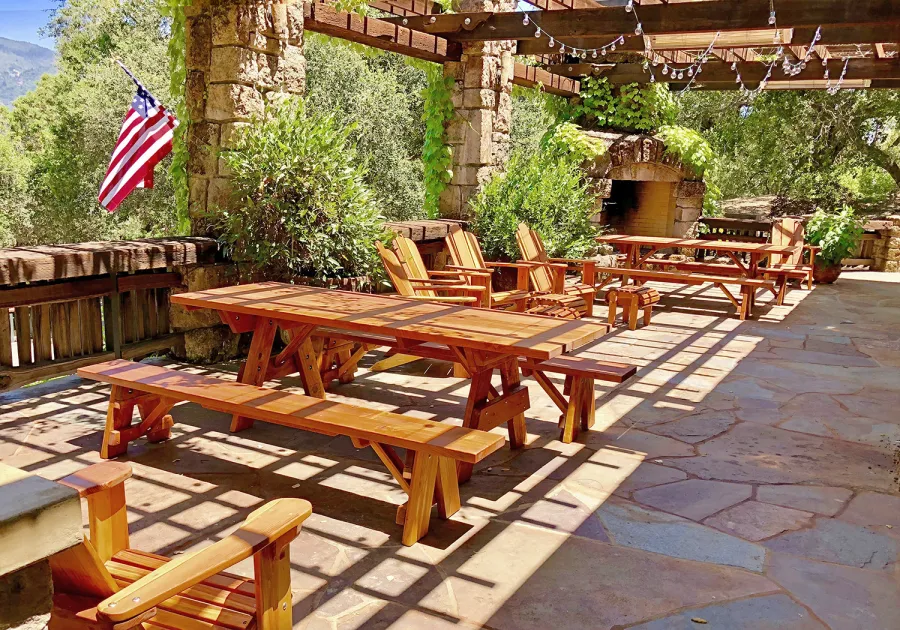 Forever Picnic Tables (Unattached Benches) (Options: 8' L, 34 ½in W, Side Benches, California Redwood, 1 Full Length Side Bench Per Side, Standard Tabletop, Squared Corners, No Umbrella Hole, Transparent Premium Sealant). Photo Courtesy of K. Schaeffer of Calistoga, CA.