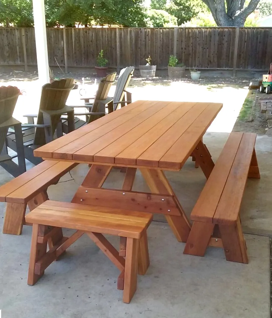 Forever Picnic Tables (Unattached Benches) (Options: 8' L, 40 ¼in W, Side & End Benches, California Redwood, 1 Full Length Side Benches Per Side, Standard Tabletop, Slightly Rounded Corners, No Umbrella Hole, Transparent Premium Sealant). Photo Courtesy of M. Lahl of Concord, CA.