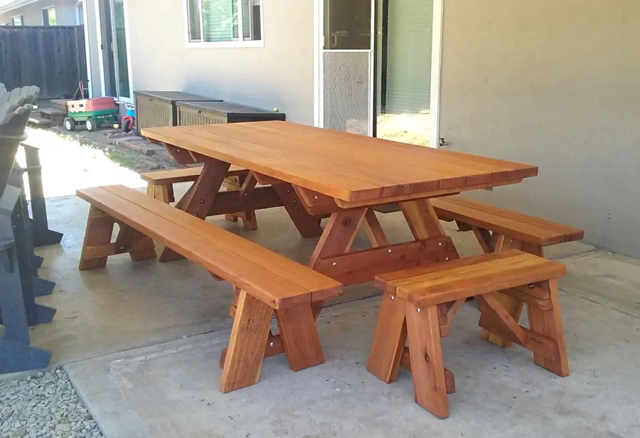 Forever Picnic Tables (Unattached Benches) (Options: 8' L, 40 ¼in W, Side & End Benches, California Redwood, 1 Full Length Side Benches Per Side, Standard Tabletop, Slightly Rounded Corners, No Umbrella Hole, Transparent Premium Sealant). Photo Courtesy of M. Lahl of Concord, CA.