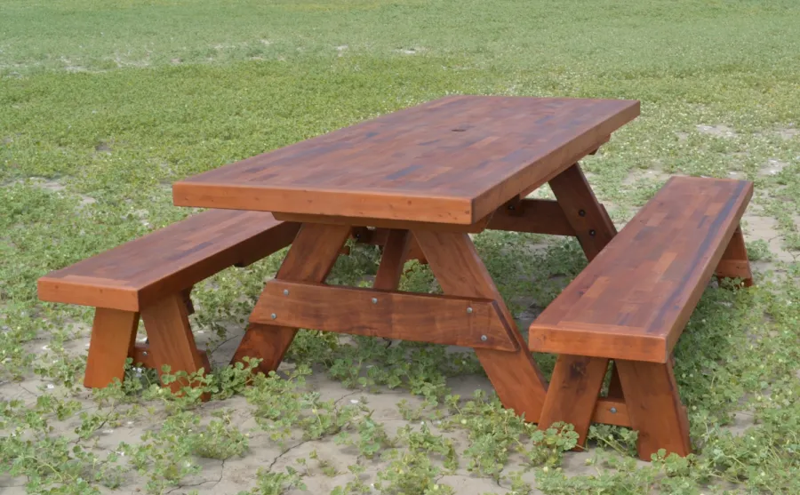 Forever Picnic Tables (Unattached Benches) (Options: 8' L, 34 ½in W, Side Benches, Old-Growth Redwood, 1 Full Length Side Benches Per Side, Parquet Tabletop, Slightly Rounded Corners, Umbrella Hole, Transparent Sealant). Benches in matching parquet.