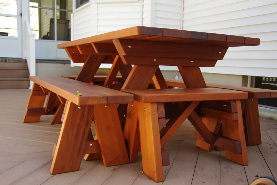 Forever Picnic Tables (Unattached Benches) (Options: 6', 34 ½in W, Side Benches, Old-Growth Redwood, 1 Full Length Bench Per Side, Standard Tabletop, Slightly Rounded Corners, 2in Umbrella Hole, Transparent Premium Sealant). Photo Courtesy of S. Korotky of Tom's River, NJ.