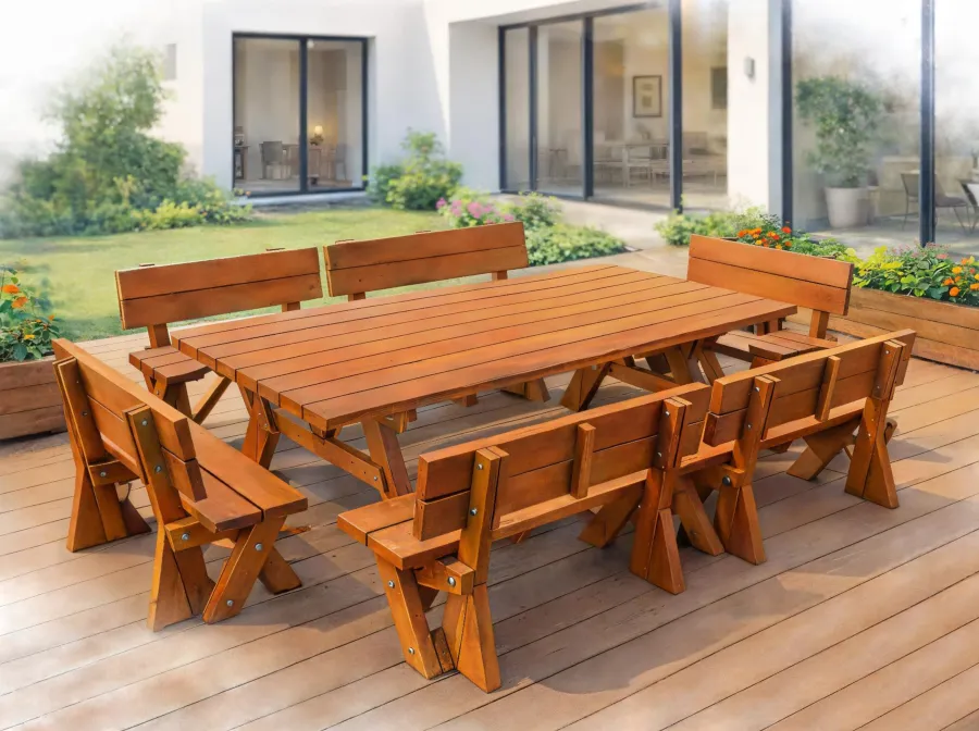 Render of a Forever Picnic Table with Fullback Benches (Options: 8' L, 46'' W, Side and End Fullback Benches). 