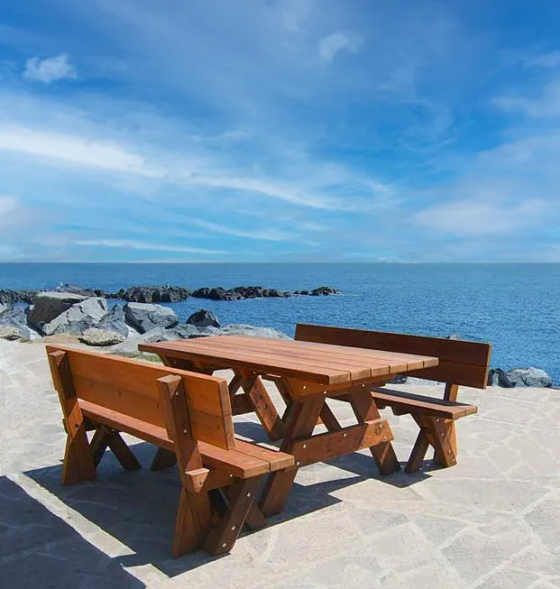 Forever Picnic Tables (Unattached Benches) (Options: 6' L, 34 ½in W, Side Fullback Benches, Old-Growth Redwood, 1 Full Length Side Benches Per Side, Standard Tabletop, Squared Corners, No Umbrella Hole, Transparent Premium Sealant).