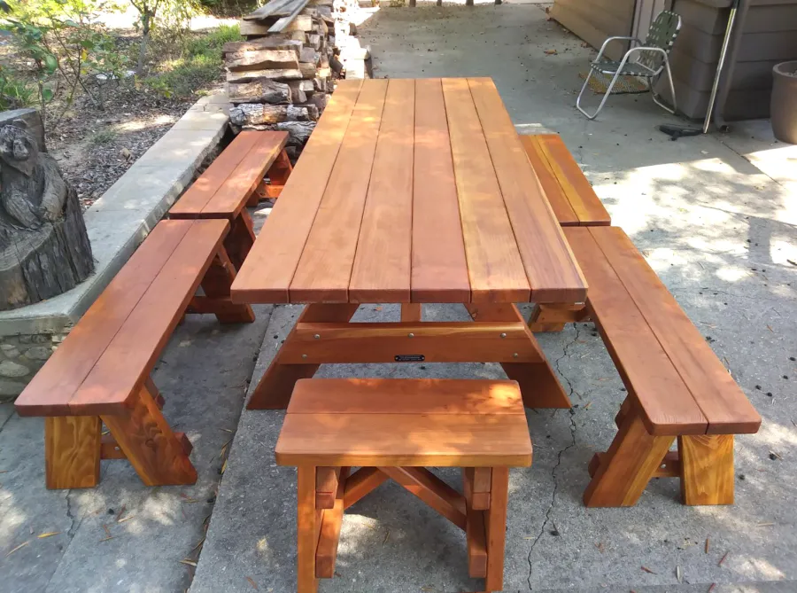 Forever Picnic Tables (Unattached Benches) (Options: 8' L, 34 ½in W, Side & End Benches, California Redwood, 2 Half Length Benches Per Side, Standard Tabletop, Slightly Rounded Corners, No Umbrella Hole, Transparent Premium Sealant). Photo Courtesy of R. Webster of Pasadena, CA.