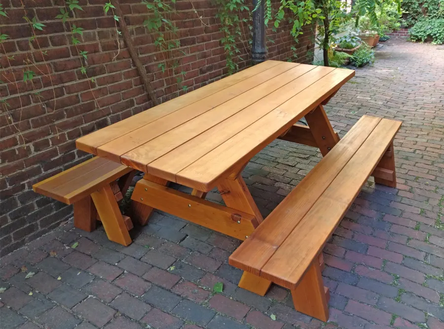 Forever Picnic Tables (Unattached Benches) (Options: 6' L, 34 ½in W, Side Benches, California Redwood, 1 Full Length Side Benches Per Side, Standard Tabletop, Slightly Rounded Corners, No Umbrella Hole, Transparent Premium Sealant). Photo Courtesy of Steve Vincent.