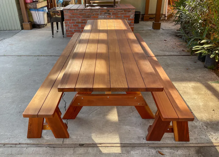 Forever Picnic Tables (Unattached Benches) (Options: 8', 34 ½in W, Side Benches, Mature Redwood, 2 Half Length Side Benches Per Side, Standard Tabletop, Squared Corners, No Umbrella Hole, Transparent Premium Sealant). Photo courtesy of M. of San Jose, CA.