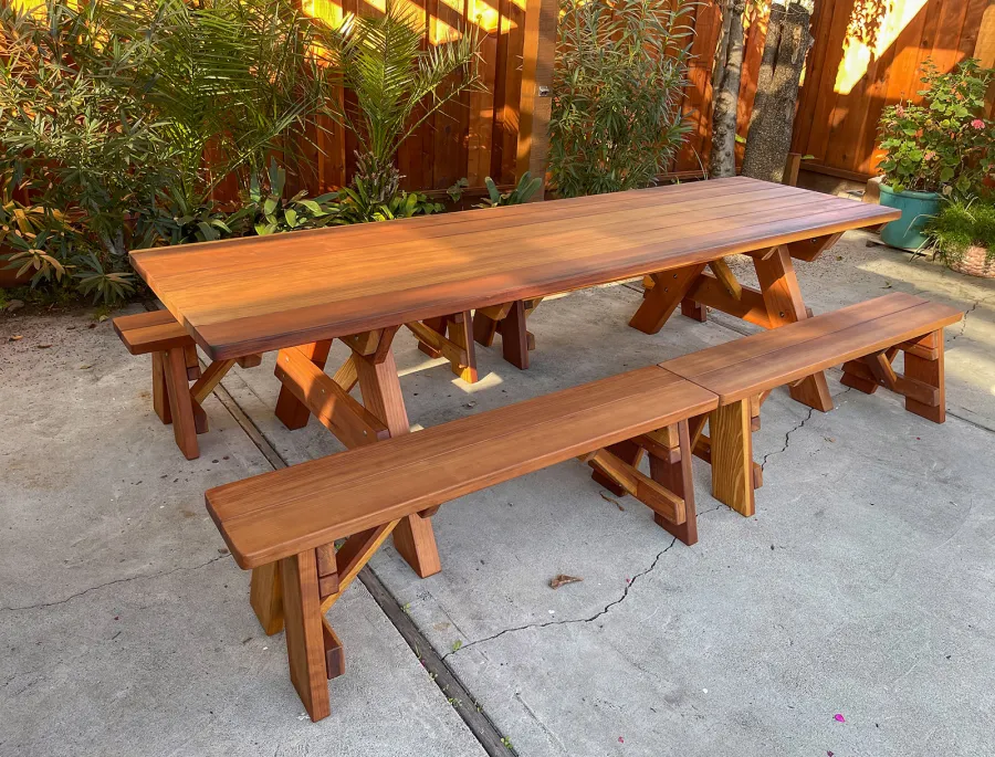 Forever Picnic Tables (Unattached Benches) (Options: 10', 34 ½in W, Side Benches, Mature Redwood, 2 Half Length Side Benches Per Side, Standard Tabletop, Squared Corners, No Umbrella Hole, Transparent Premium Sealant). Photo courtesy of M. of San Jose, CA.
