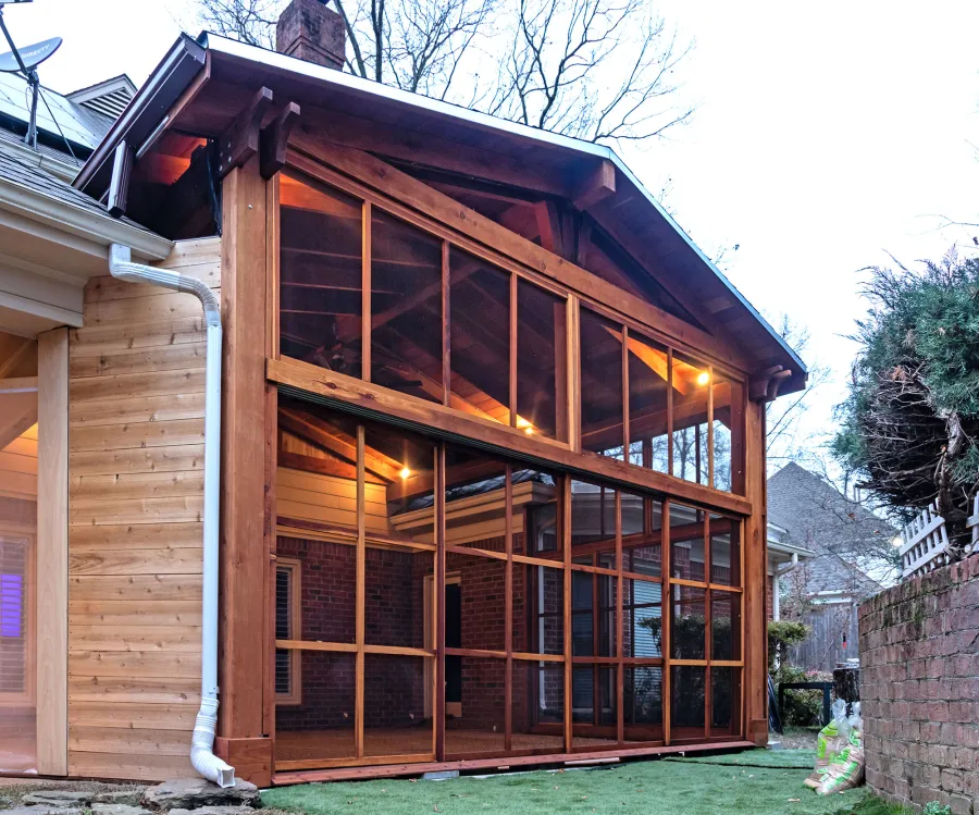 Forever Porch Pavilion (Options: 20' L x 20'-9" W, California Redwood, 2-Post Anchor Kit for High-Wind, No Electrical Wiring Trim, with 2 Fascia Boards for Gutters, 12 ft Posts Height, No Post Decorative Trims, 1 Ceiling Fan Base, No Curtain Rods, with Privacy Panels, Screened Sliding Doors and Fixed Screen Panels, Transparent Premium Sealant). Photo Courtesy of J. Pegg of Cordova, TN.