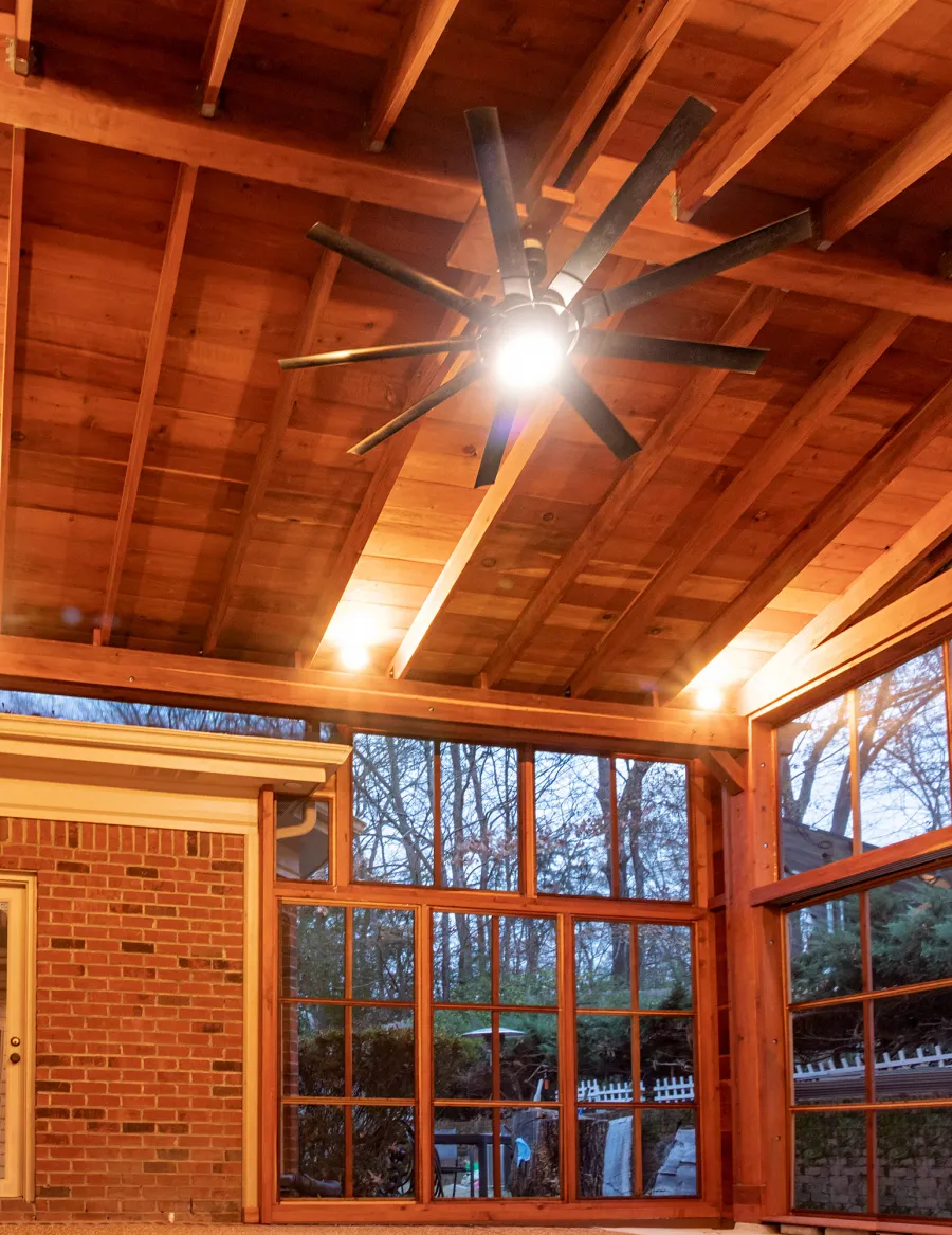 Forever Porch Pavilion (Options: 20' L x 20'-9" W, California Redwood, 2-Post Anchor Kit for High-Wind, No Electrical Wiring Trim, with 2 Fascia Boards for Gutters, 12 ft Posts Height, No Post Decorative Trims, 1 Ceiling Fan Base, No Curtain Rods, with Privacy Panels, Screened Sliding Doors and Fixed Screen Panels, Transparent Premium Sealant). Photo Courtesy of J. Pegg of Cordova, TN.