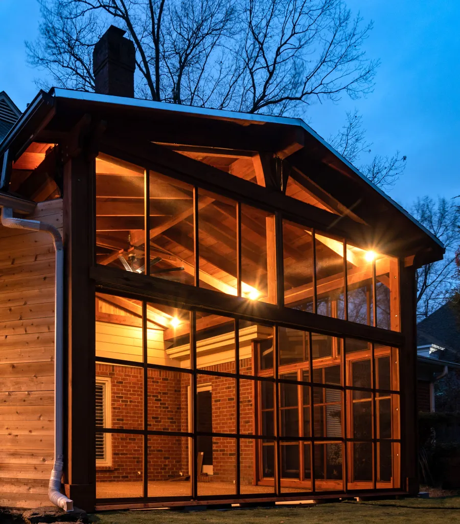 Forever Porch Pavilion (Options: 20' L x 20'-9" W, California Redwood, 2-Post Anchor Kit for High-Wind, No Electrical Wiring Trim, with 2 Fascia Boards for Gutters, 12 ft Posts Height, No Post Decorative Trims, 1 Ceiling Fan Base, No Curtain Rods, with Privacy Panels, Screened Sliding Doors and Fixed Screen Panels, Transparent Premium Sealant). Photo Courtesy of J. Pegg of Cordova, TN.