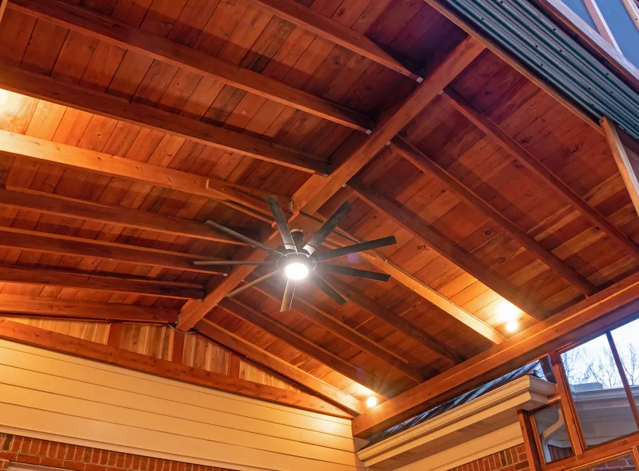 Forever Porch Pavilion (Options: 20' L x 20'-9" W, California Redwood, 2-Post Anchor Kit for High-Wind, No Electrical Wiring Trim, with 2 Fascia Boards for Gutters, 12 ft Posts Height, No Post Decorative Trims, 1 Ceiling Fan Base, No Curtain Rods, with Privacy Panels, Screened Sliding Doors and Fixed Screen Panels, Transparent Premium Sealant). Photo Courtesy of J. Pegg of Cordova, TN.