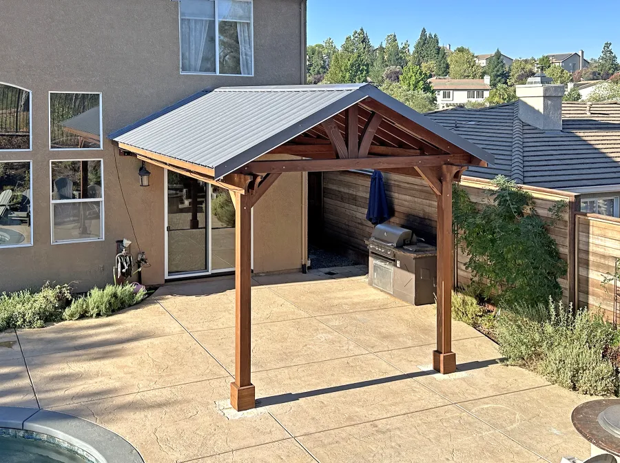 Forever Porch Pavilion (Options: 18' L x 12' W, California Redwood, 2-Post Anchor Kit for High-Wind, No Electrical Wiring Trim, 10 ft Posts Height, No Post Decorative Trims, No Ceiling Fan Base, No Curtain Rods, No Privacy Panels, Coffee-Stain Premium Sealant). Photo Courtesy of P. Johns of Cameron Park, CA.