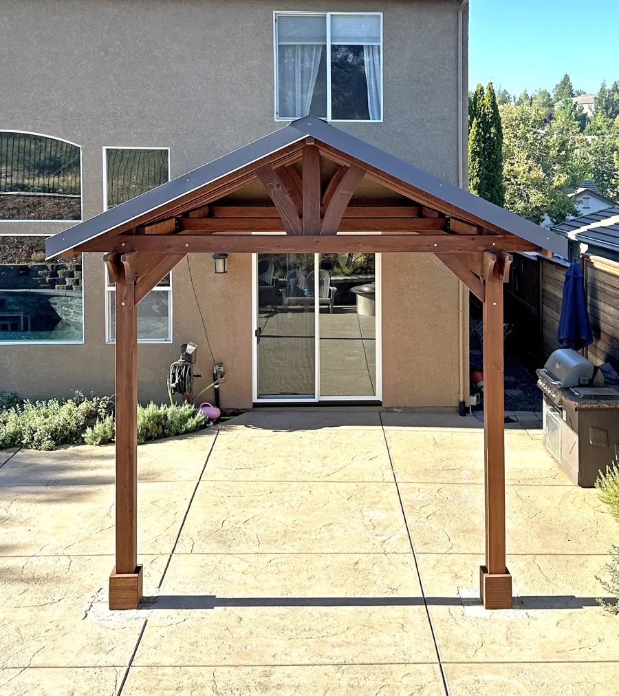 Forever Porch Pavilion (Options: 18' L x 12' W, California Redwood, 2-Post Anchor Kit for High-Wind, No Electrical Wiring Trim, 10 ft Posts Height, No Post Decorative Trims, No Ceiling Fan Base, No Curtain Rods, No Privacy Panels, Coffee-Stain Premium Sealant). Photo Courtesy of P. Johns of Cameron Park, CA.