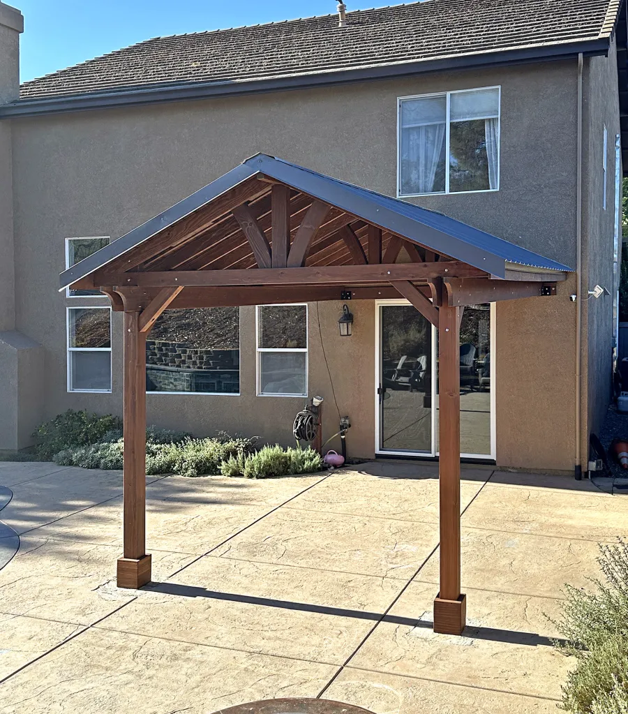 Forever Porch Pavilion (Options: 18' L x 12' W, California Redwood, 2-Post Anchor Kit for High-Wind, No Electrical Wiring Trim, 10 ft Posts Height, No Post Decorative Trims, No Ceiling Fan Base, No Curtain Rods, No Privacy Panels, Coffee-Stain Premium Sealant). Photo Courtesy of P. Johns of Cameron Park, CA.