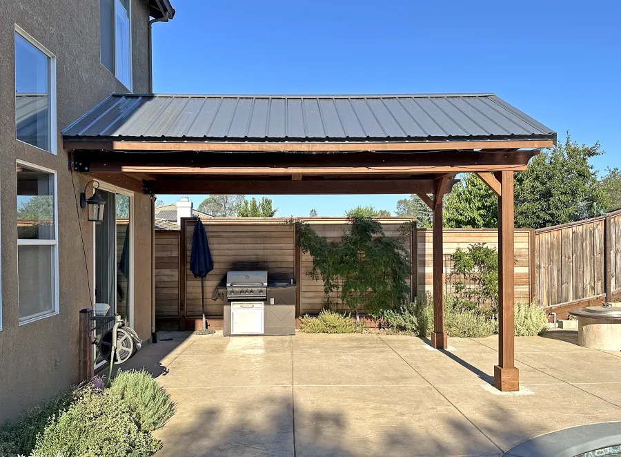 Forever Porch Pavilion (Options: 18' L x 12' W, California Redwood, 2-Post Anchor Kit for High-Wind, No Electrical Wiring Trim, 10 ft Posts Height, No Post Decorative Trims, No Ceiling Fan Base, No Curtain Rods, No Privacy Panels, Coffee-Stain Premium Sealant). Photo Courtesy of P. Johns of Cameron Park, CA.