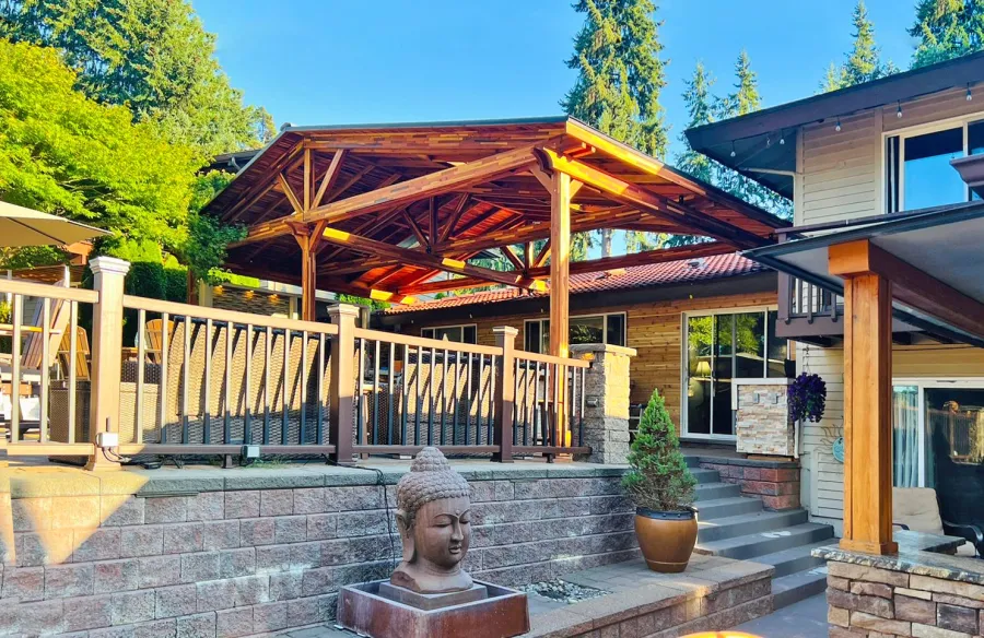 Forever Porch Pavilion (Options: 32'-4" L x 17'-10" W, Mosaic Redwood, 3-Post Anchor Kit for High-Wind, No Electrical Wiring Trim, 11ft Posts Height, No Ceiling Fan Base, No Curtain Rods, No Privacy Panels, Transparent Premium Sealant). Attached to Home Via Roof Risers. Photo Courtesy of S. Tomala of Federal Way, WA.