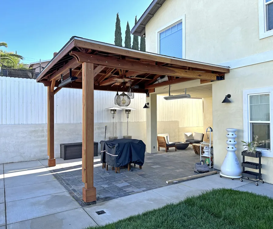 Custom Forever Porch Pavilion (Options: Hip Roof by Custom Request, 15' L x 15' W, California Redwood, 2-Post Anchor Kit for High-Wind, with 2 Electrical Wiring Trims, 10.5ft Posts Height, 1 Ceiling Fan Base, No Curtain Rods, No Privacy Panels, Transparent Premium Sealant). Photo Courtesy of W. Zhang of Thousand Oaks, CA.