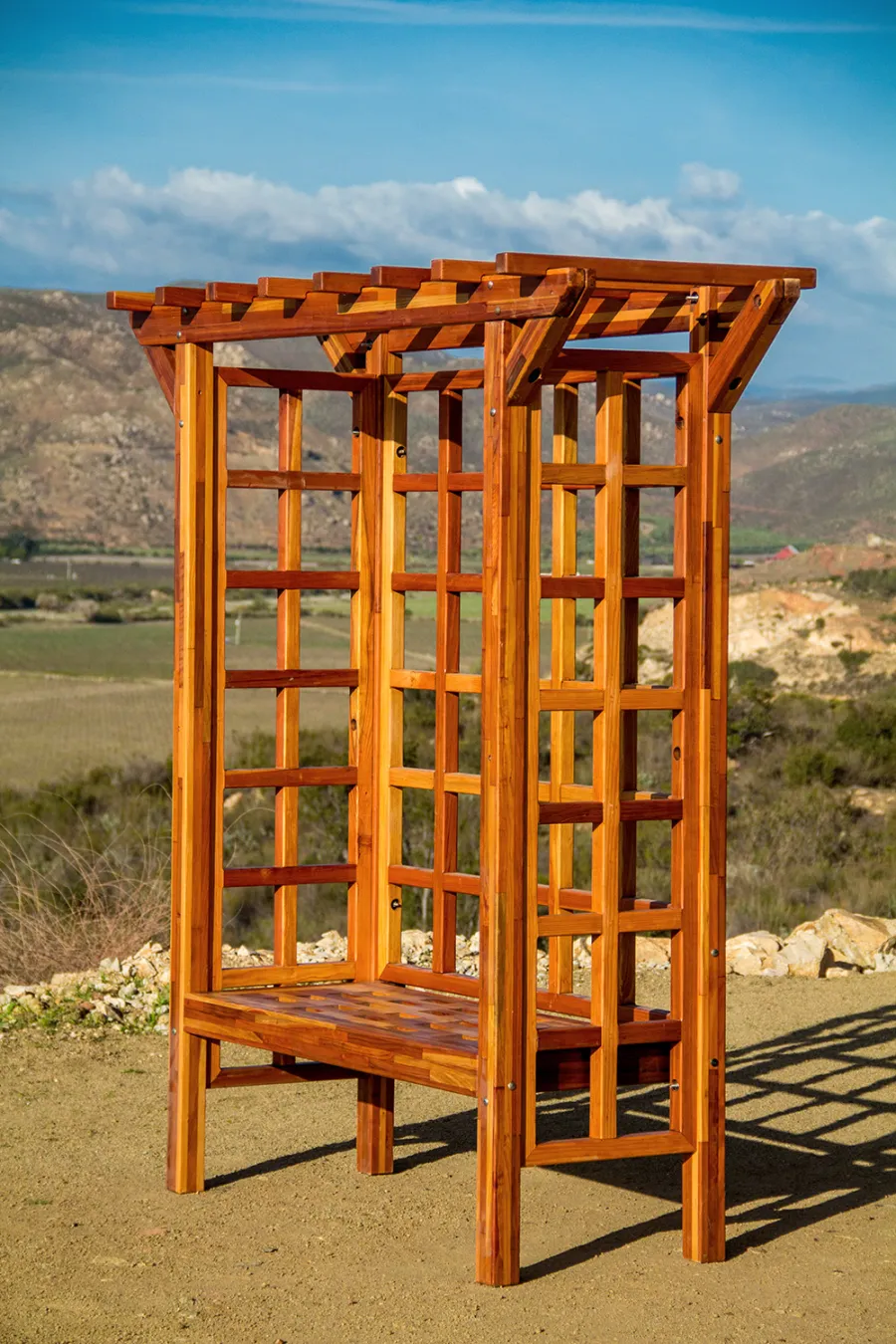 Garden Arbor Bench (Options: 74" W x 32" D, Mosaic Redwood, Add Bench, No Anchor Kit, Transparent Premium Sealant).