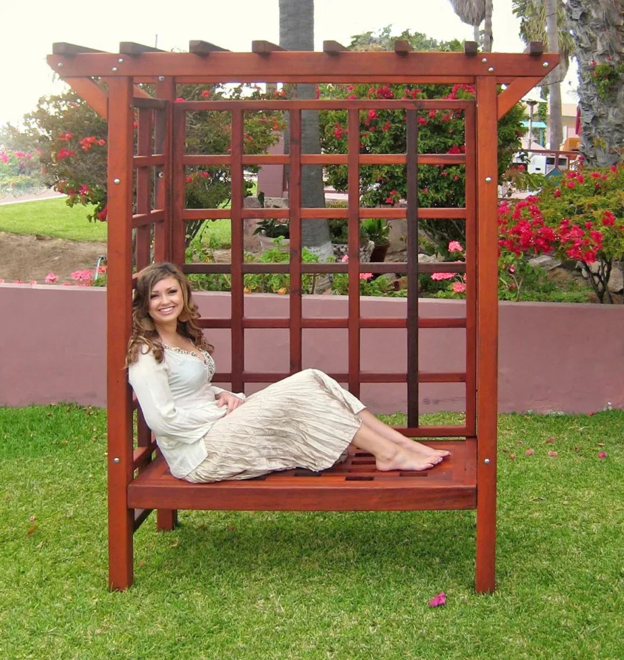 Garden Arbor Bench (Options: 74" W x 32" D, Old-Growth Redwood, Add Bench, No Anchor Kit, Transparent Premium Sealant). Photo Courtesy of Ms. Hayley Hall of Sonoma County, CA
