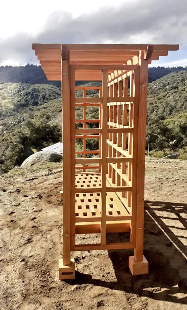 Garden Arbor Bench (Options: 8'-2" W x 4' D x 7'-1/4" H, Douglas-fir, Add Bench, No Anchor Kit, Transparent Premium Sealant). Photo Courtesy of J. Randall of Warner Springs, CA.