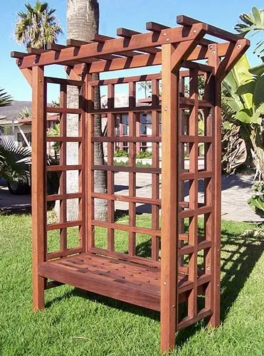 Garden Arbor Bench (Options: 74" W x 32" D, Mature Redwood, Add Bench, No Anchor Kit, Transparent Premium Sealant).
