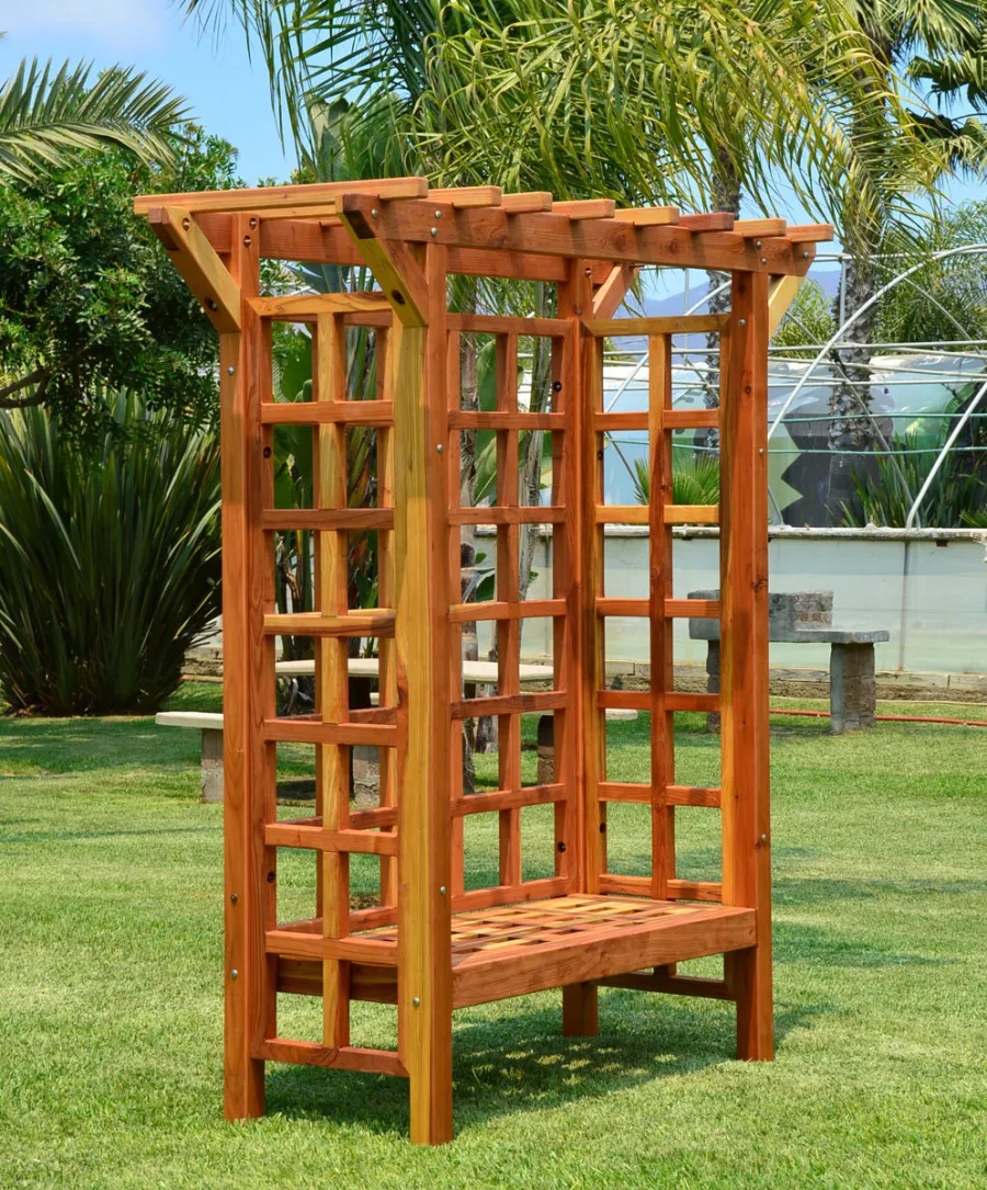 Garden Arbor Bench (Options: 74" W x 32" D, California Redwood, Add Bench, No Anchor Kit, Transparent Premium Sealant).