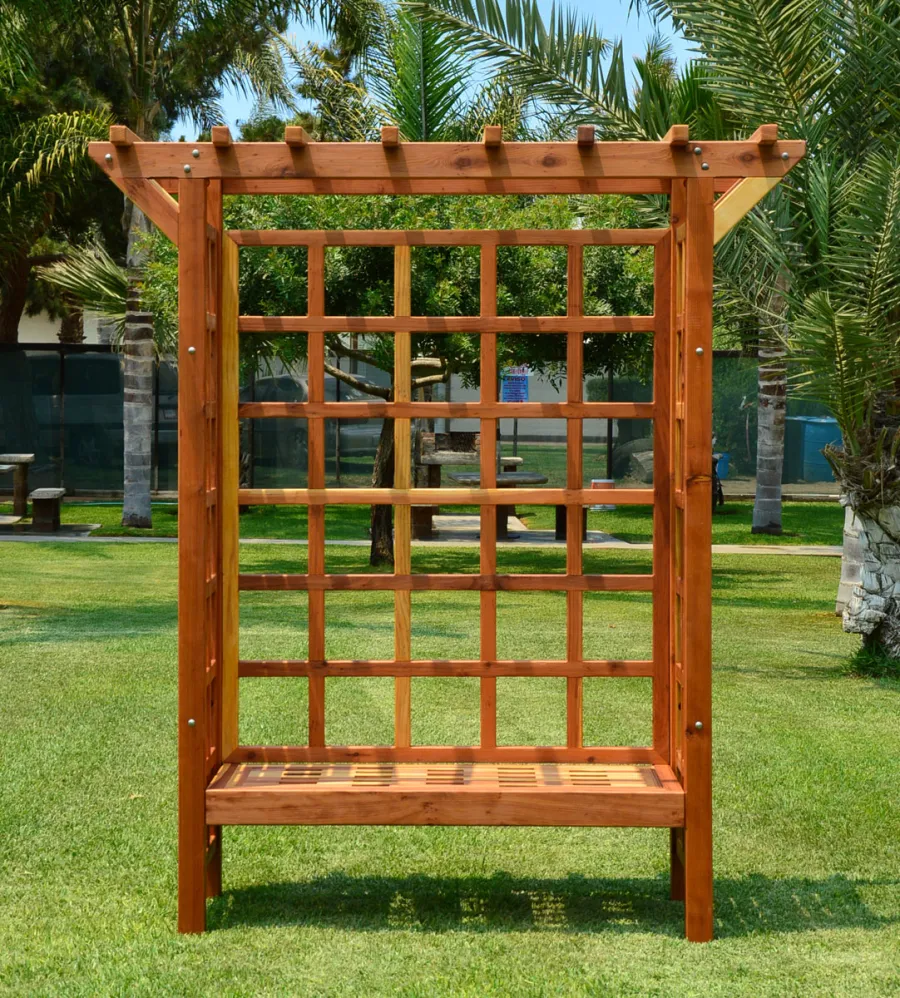 Garden Arbor Bench (Options: 74" W x 32" D, California Redwood, Add Bench, No Anchor Kit, Transparent Premium Sealant).