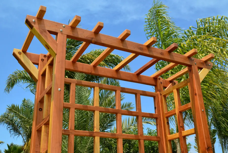 Garden Arbor Bench (Options: 74" W x 32" D, California Redwood, Add Bench, No Anchor Kit, Transparent Premium Sealant).