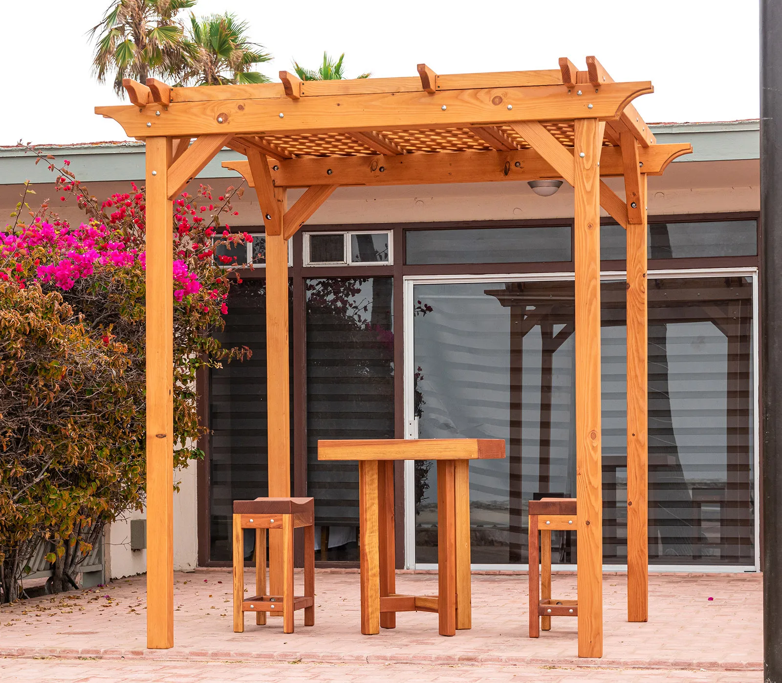 Gladys's Balcony Table Set Under a Small Lattice Pergola, 30" x 30", California Redwood
