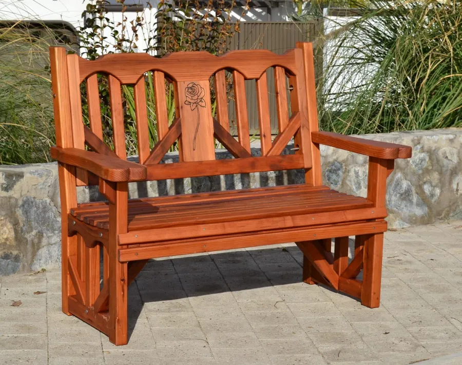 Heart Redwood Bench (Options: 4 ft, Mature Redwood, No Cushion, Custom Engraving, Transparent Premium Sealant). 