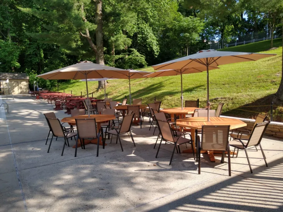 Helen's Octagonal Terrace Tables (Options: 5 ft, No Seating, California Redwood, Standard Tabletop, Rounded Corners, Umbrella Hole, Transparent Premium Sealant). Photo Courtesy of D. Flanigan of Silver Spring, Maryland.