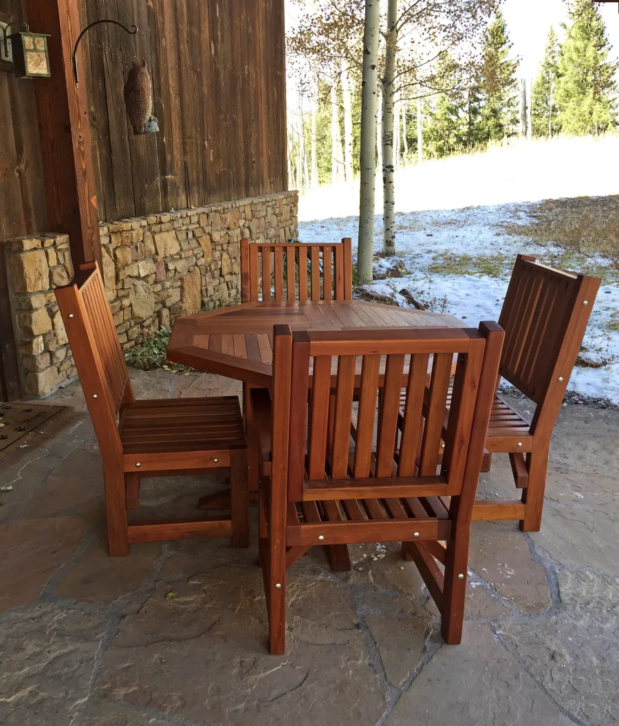 Helen's Octagonal Terrace Tables (Options: 4 ft, Massive Chairs, Old-Growth Redwood, Standard Tabletop, No Umbrella Hole, Transparent Premium Sealant). Photo Courtesy of P. Sigel of Telluride, Colorado.