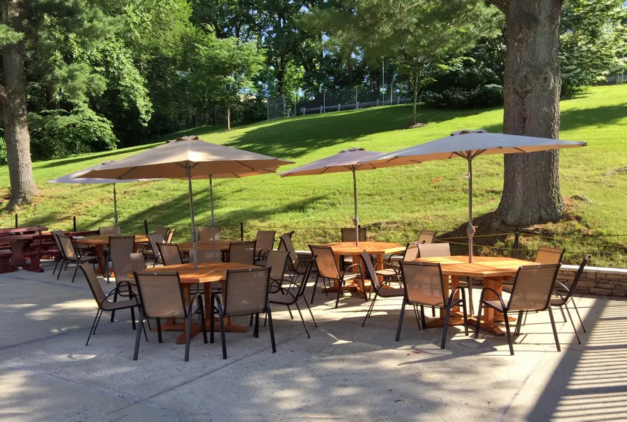 Helen's Octagonal Terrace Tables (Options: 5 ft, No Seating, California Redwood, Standard Tabletop, Rounded Corners, Umbrella Hole, Transparent Premium Sealant). Photo Courtesy of D. Flanigan of Silver Spring, Maryland.