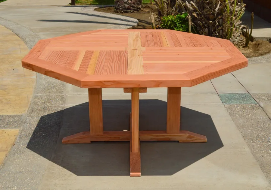 Helen's Octagonal Terrace Tables (Options: 4 1/2 ft, No Seating, Douglas-fir, Standard Tabletop, Rounded Corners, Umbrella Hole, Transparent Premium Sealant). 