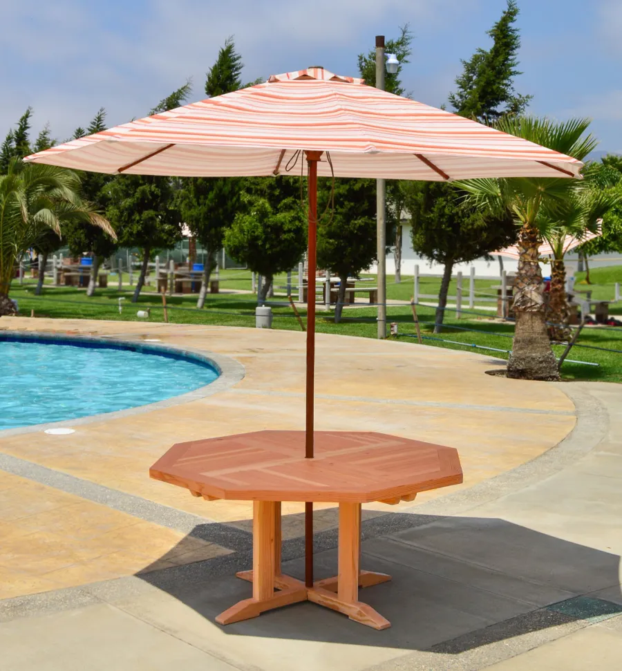 Helen's Octagonal Terrace Tables (Options: 4 1/2 ft, No Seating, Douglas-fir, Standard Tabletop, Rounded Corners, Umbrella Hole, Transparent Premium Sealant). 