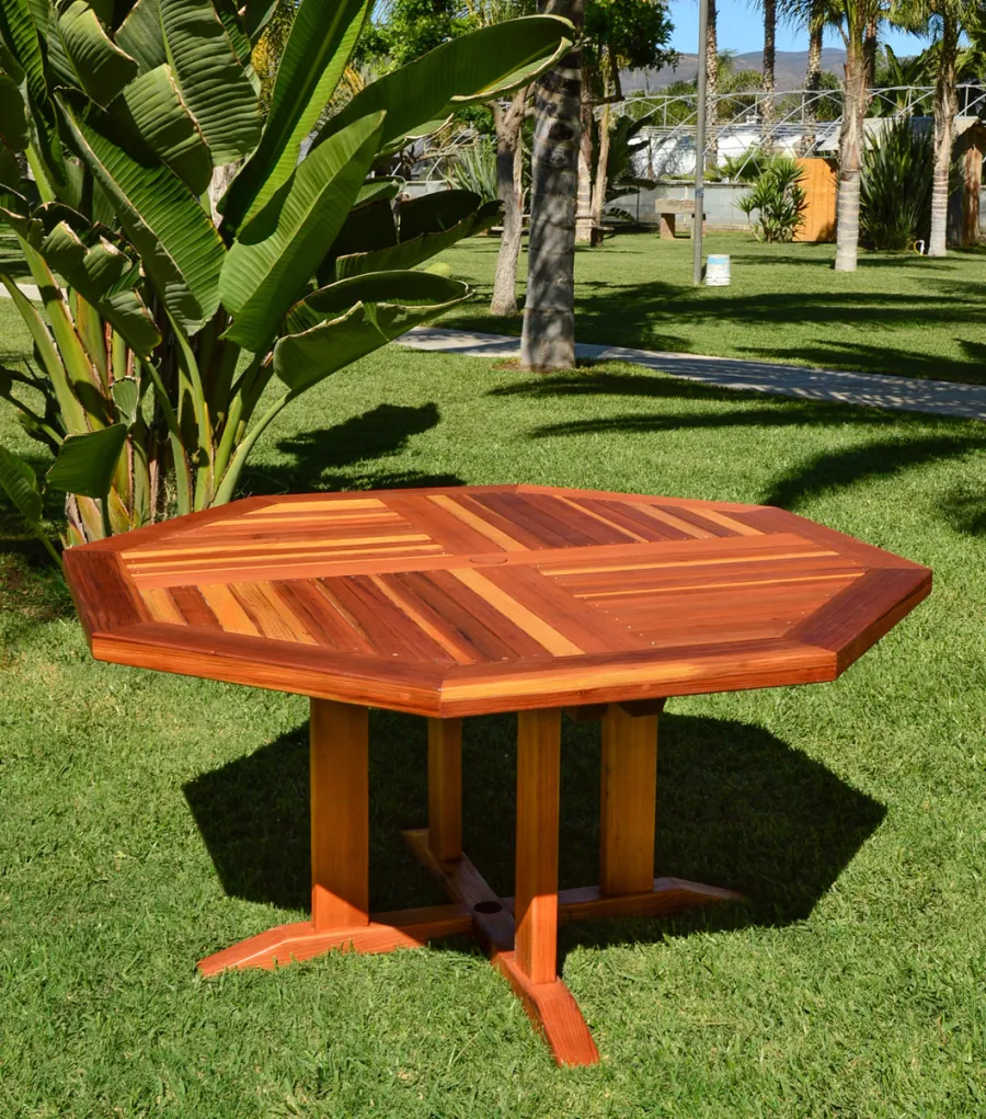 Helen's Octagonal Terrace Tables (Options: 5 ft, No Seating, California Redwood, Standard Tabletop, Rounded Corners, 2" Umbrella Hole, Transparent Premium Sealant). 