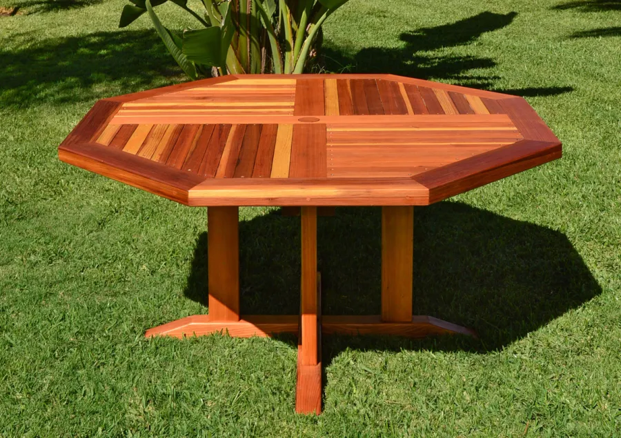 Helen's Octagonal Terrace Tables (Options: 5 ft, No Seating, California Redwood, Standard Tabletop, Rounded Corners, 2" Umbrella Hole, Transparent Premium Sealant). 