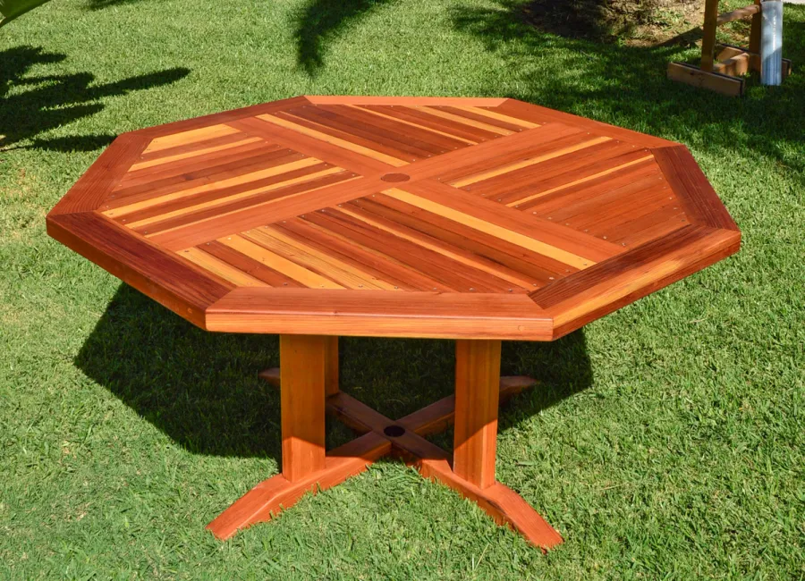 Helen's Octagonal Terrace Tables (Options: 5 ft, No Seating, California Redwood, Standard Tabletop, Rounded Corners, 2" Umbrella Hole, Transparent Premium Sealant). 