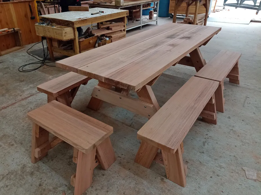 Heritage Large Wooden Picnic Table in Production (Options: 8' L, 34 1/2" W, Side and End Benches, 2 Half Length Benches Per Side).