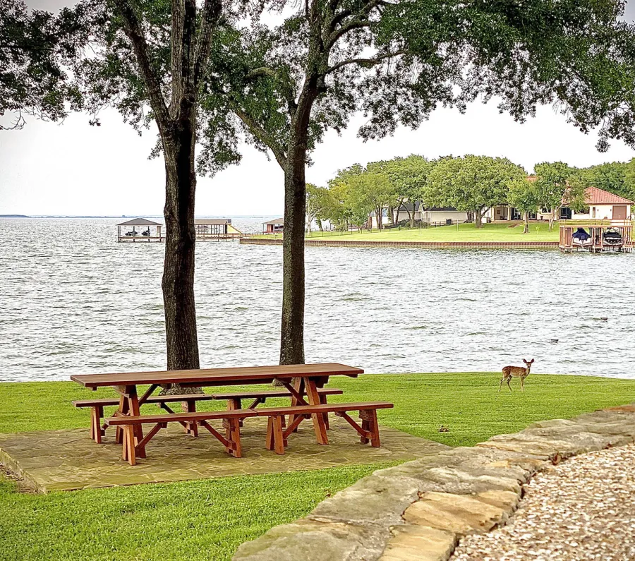Heritage Large Wooden Picnic Table (Options: 10' L, 36" W, Side Benches, Unattached Benches, 2 Half Length Benches Per Side, Standard Tabletop, Slightly Rounded Corners, No Umbrella Hole, Transparent Premium Sealant). Photo Courtesy of J. Long of Carrollton, Texas.